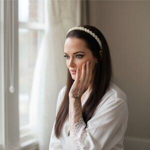 Angled Pearl Bridal Headband ✦ White & Gold w/ Mixed Sizes ✦ Formal Hairpiece